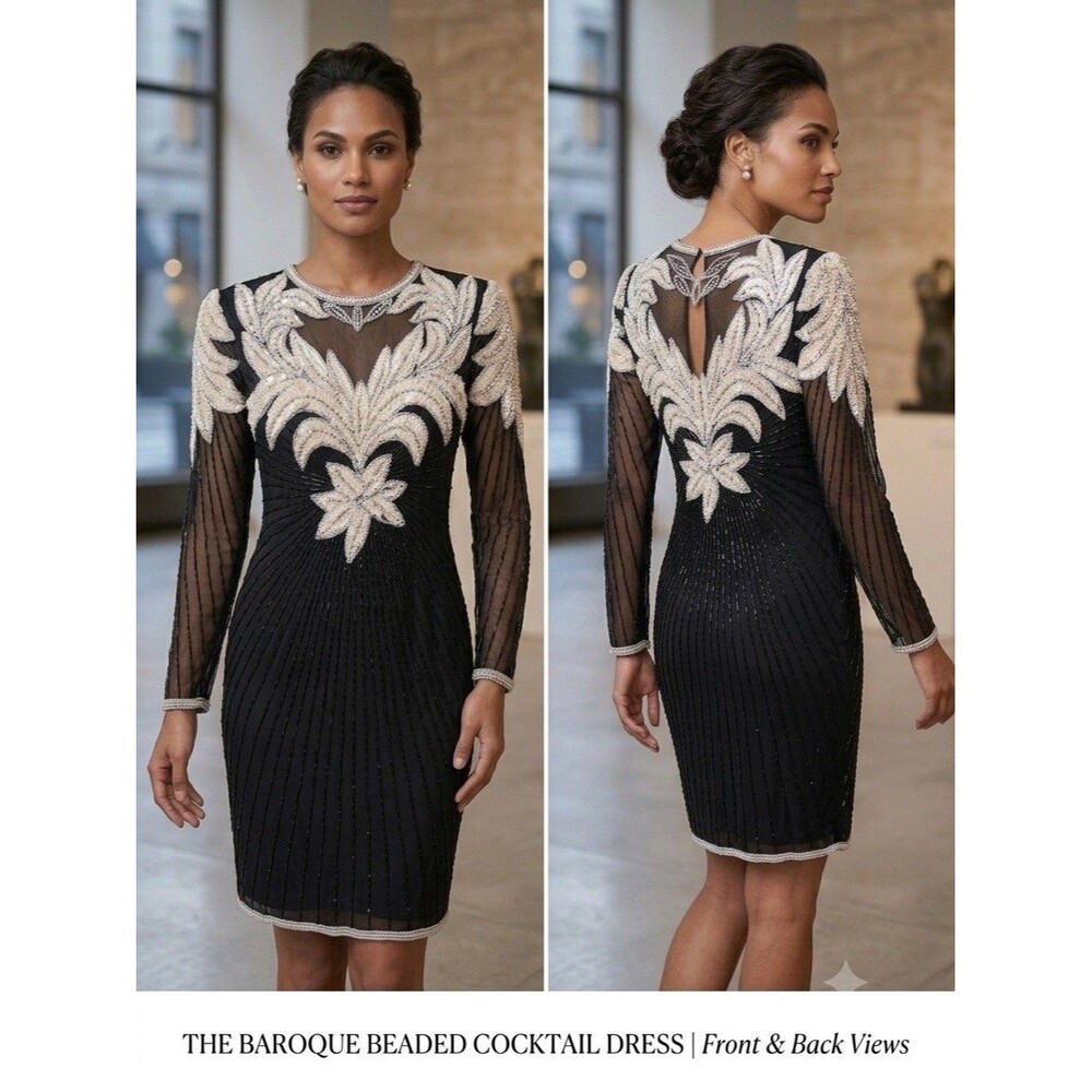 VTG Shomax Black Beaded Sequined Dress Womens Sz M Sheer Sleeve Art Deco Gatsby